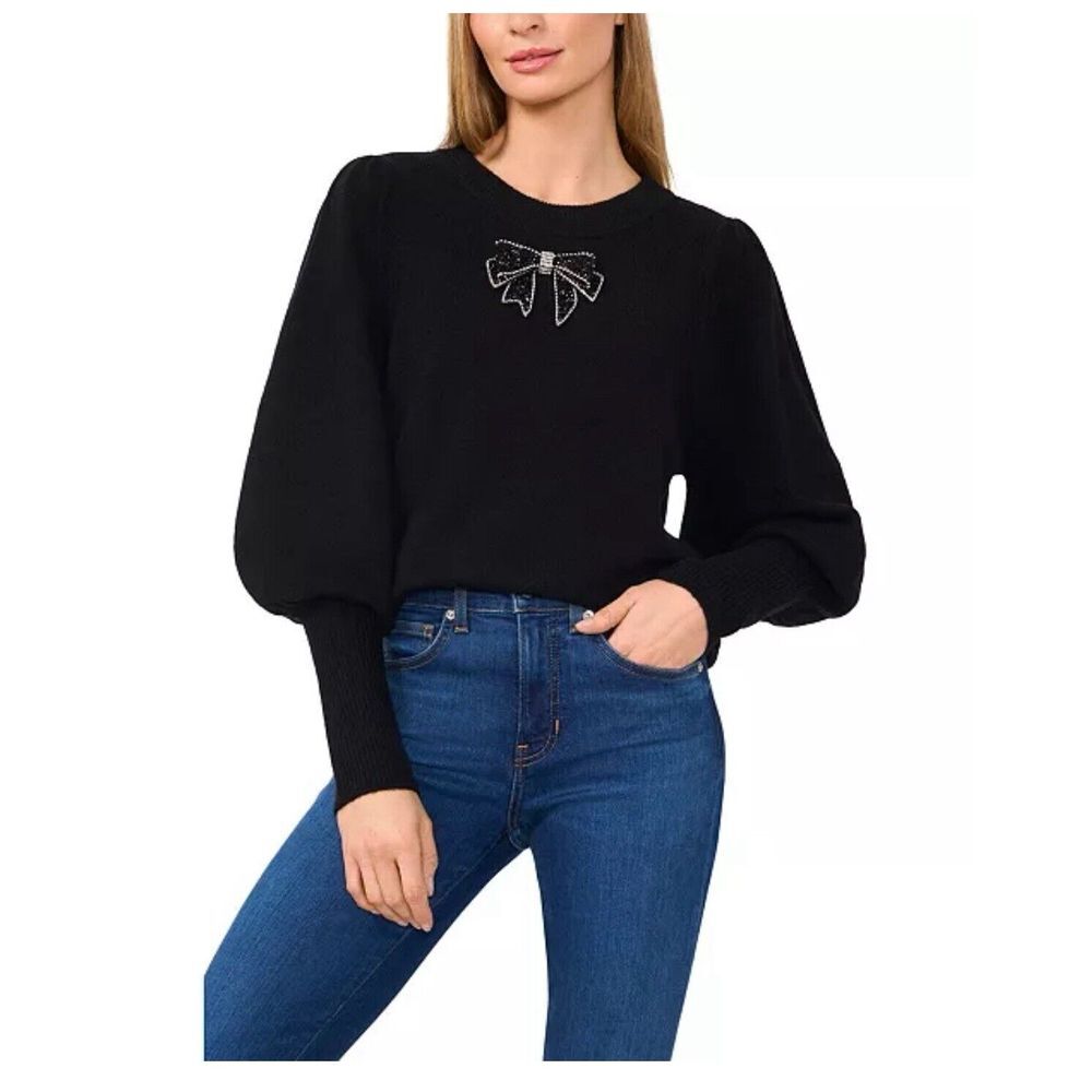CeCe Women's Elegant Ribbon Bow Black Crew Neck Sweater Long Puff Sleeve NWT